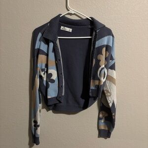 Hollister Blue and White Cropped Cardigan Sweater